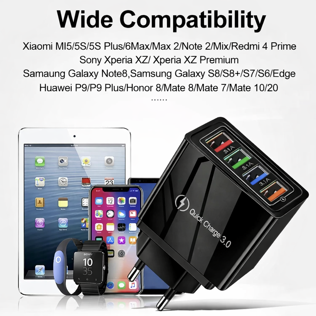 Caricatore USB 3A Multiplo 4 Porte USB con Ricarica Rapida Quick Charge 3.0